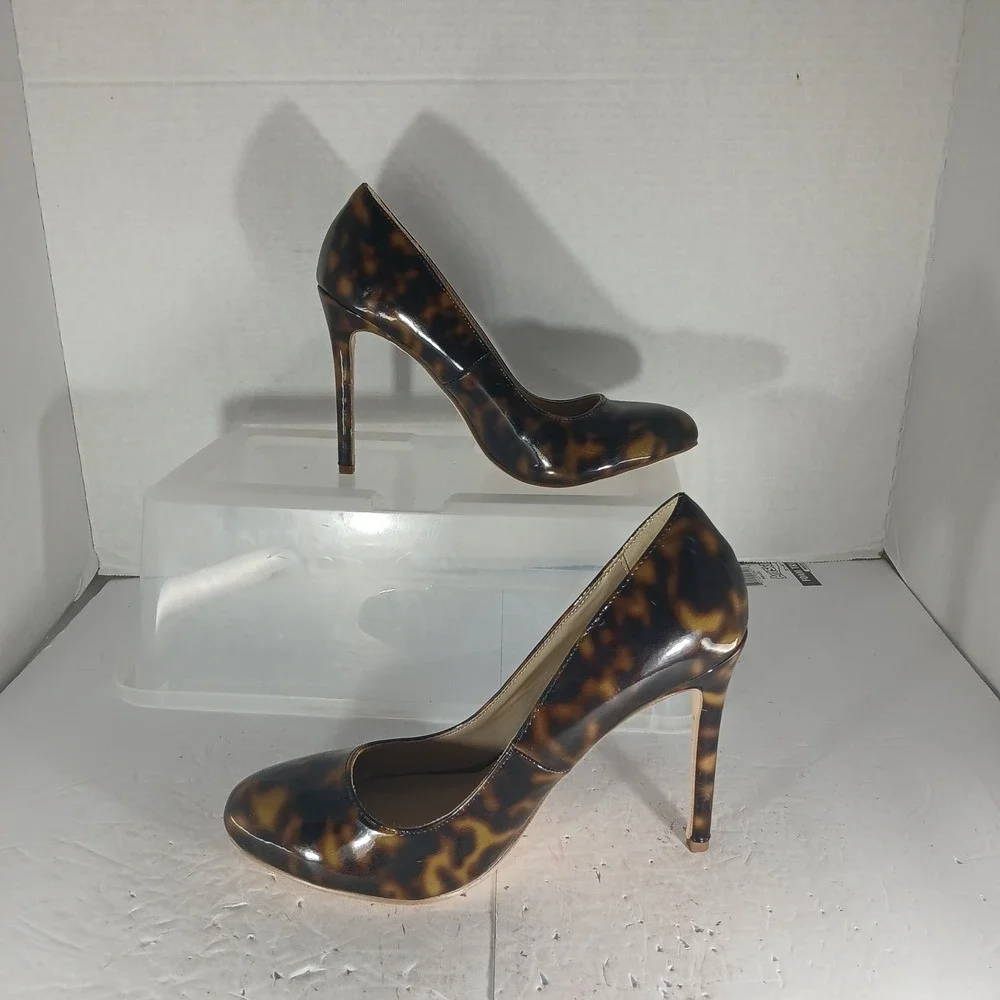 JustFab Cleonia Pumps 7.5 Brown Tortoiseshell Patent Stiletto Round Toe Heels